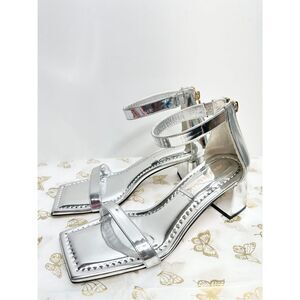Good American Sandals Womens Size 9 Silver Metallic Square Toe Block Heel